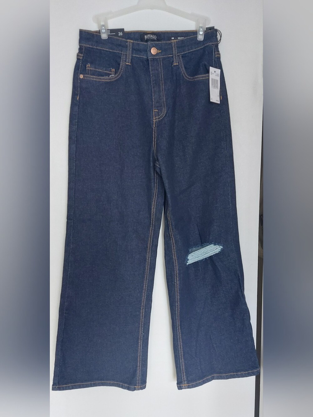 Buffalo Iris Wide Leg Dark Wash Jeans With Knee Rip. - Picture 2 of 5